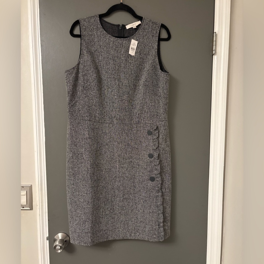 LOFT Tweed Ruffle Button Sheath Dress | Size 14